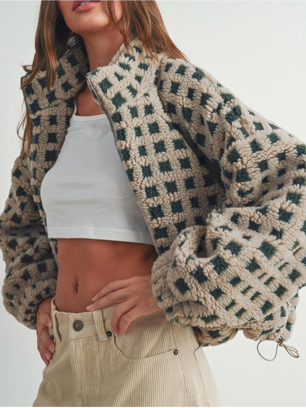 Cozy Check Sherpa Jacket - Beige & Dark Green